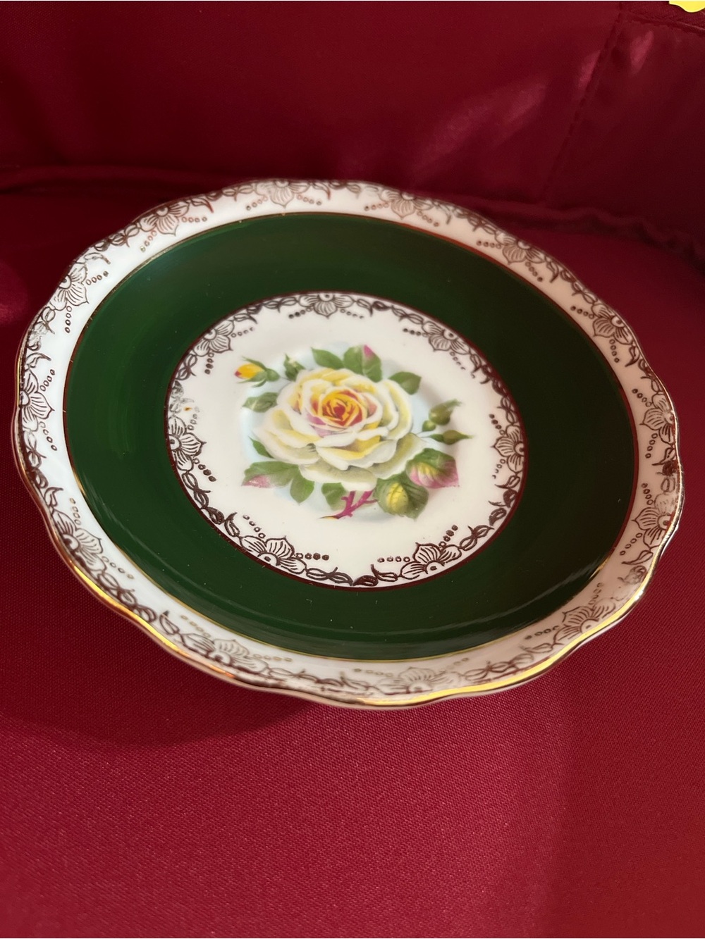 Regency - Elegant Green White Porcelain Saucer w Rose and Gold. Made in England